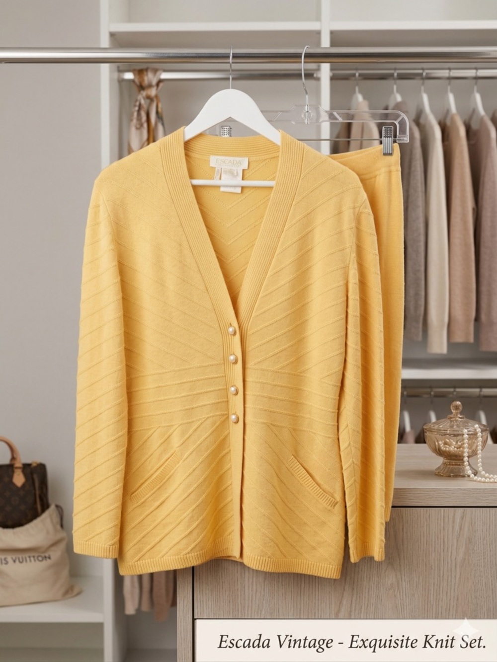 Escada Yellow Knit V‑Neck Cardigan with Pearl Buttons